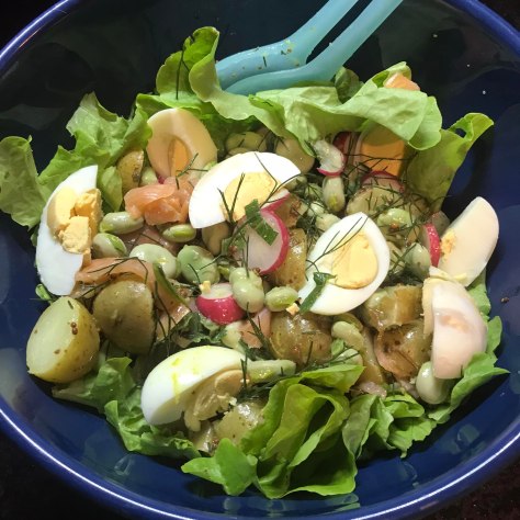 Broad beans with smoked salmon and egg salad